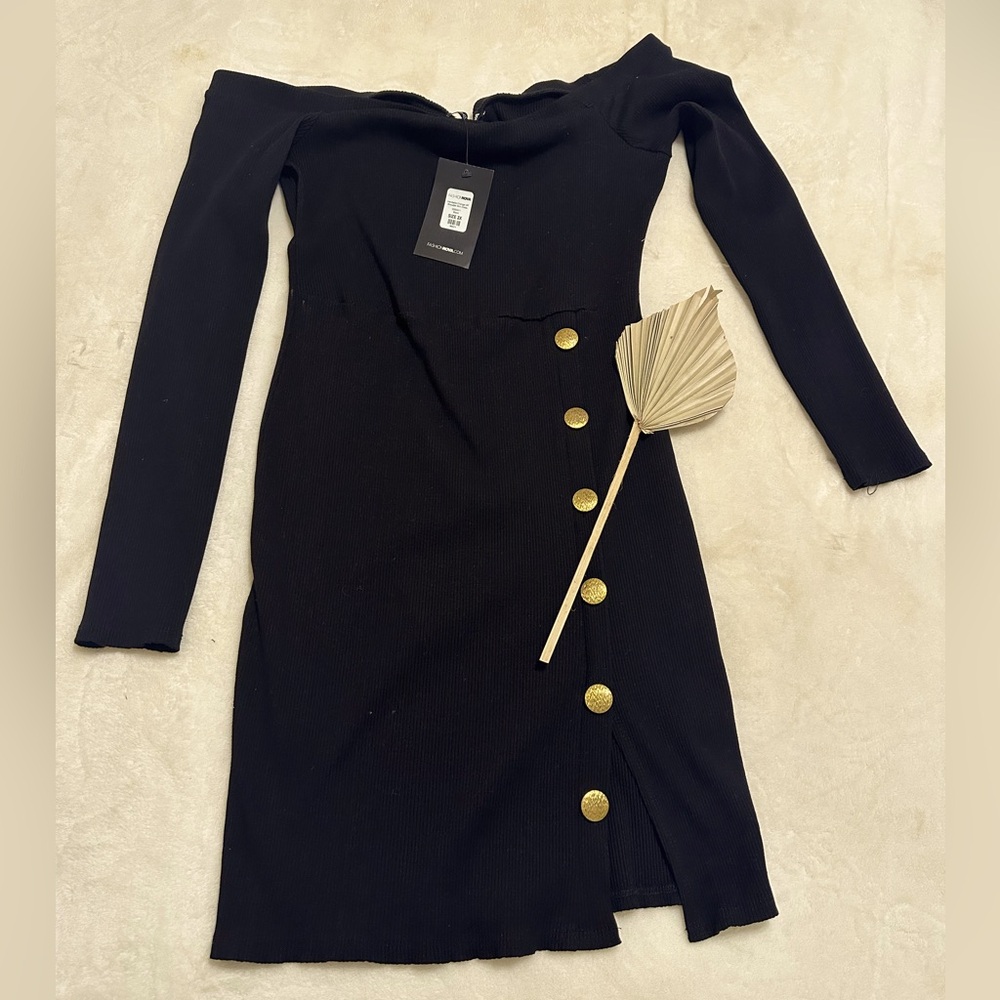 Mini Black Dress with Gold buttons and Split